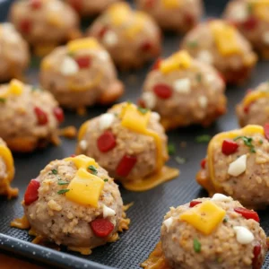 A plate of freshly baked Rotel Cream Cheese Sausage Balls with a crispy golden-brown crust, served with a side of dipping sauce.