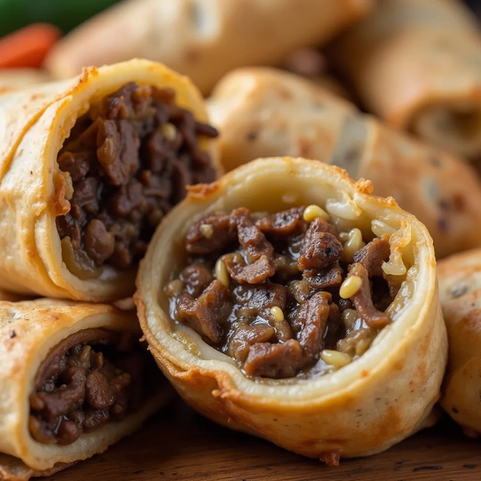 Crispy cheesesteak egg rolls filled with tender steak, melted cheese, and caramelized onions, served with a dipping sauce.