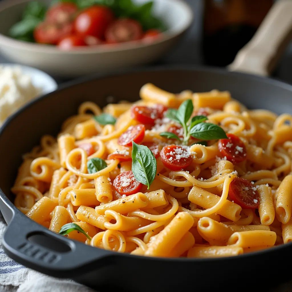 A bowl of One-Pot Creamy Tuscan Pasta with sun-dried tomatoes, spinach, and a rich garlic parmesan sauce, garnished with fresh basil and parmesan cheese.