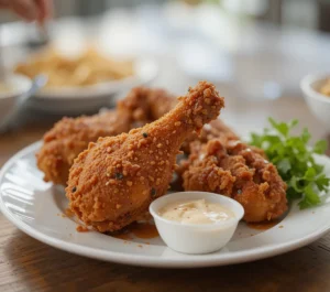 Freshly fried Jones Fried Chicken drumsticks being lifted from hot oil, showcasing their crispy golden texture and rich seasoning.