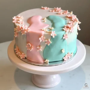 A three-tiered gender reveal cake adorned with decorative flowers and ribbons, revealing a pink filling inside when cut.