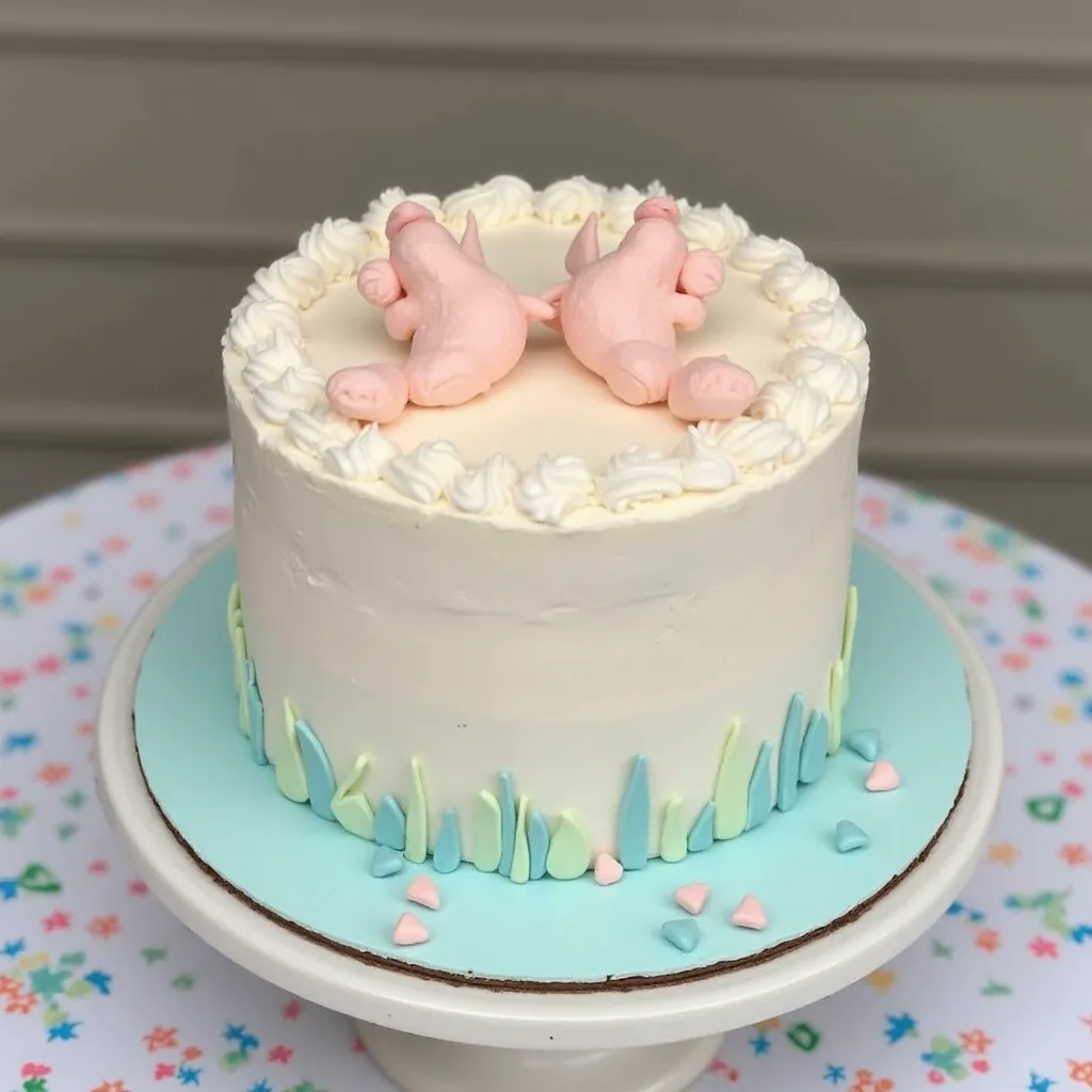 An elegant gender reveal cake adorned with pink and blue decorations, revealing a blue filling when cut.