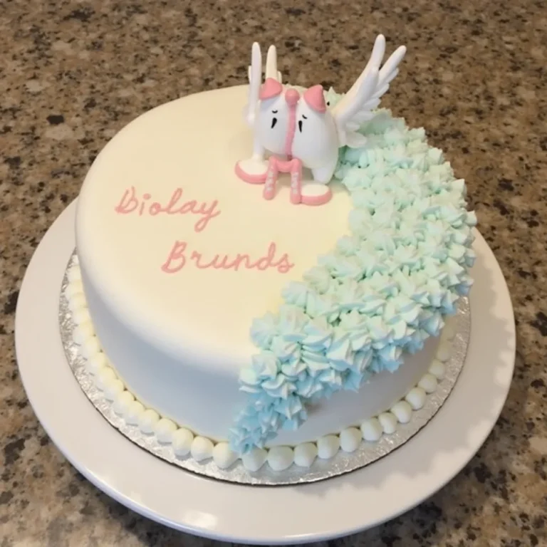 An artistic gender reveal cake featuring a split design of pink and blue, with a surprise blue center representing a baby boy.