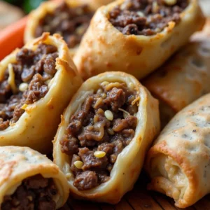 Golden-brown cheesesteak egg rolls filled with tender beef, melted cheese, and sautéed onions.