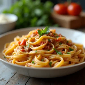 Delicious One-Pot Creamy Tuscan Pasta with spinach, sun-dried tomatoes, and a rich garlic parmesan sauce, served in a bowl.
