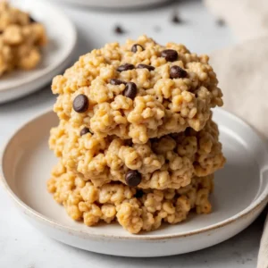 Close-up of Rice Krispie Chocolate Chip Cookies stacked on a plate