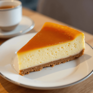 A fluffy and golden Japanese cheesecake on a wooden plate, dusted with powdered sugar, with a bite taken out to reveal its soft, jiggly texture.