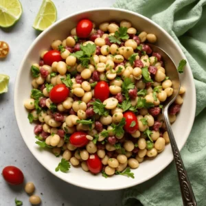 A large bowl of colorful dense bean salad with chickpeas, kidney beans, black beans, cucumbers, red onion, and a drizzle of olive oil.