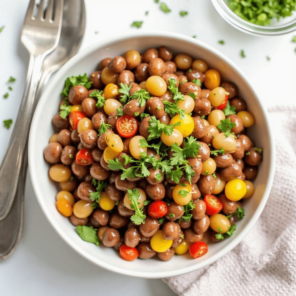 Fresh and colorful dense bean salad with chickpeas, kidney beans, black beans, cucumbers, tomatoes, and a zesty vinaigrette.