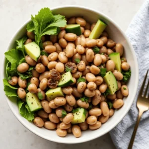 Close-up of a vibrant dense bean salad with cucumbers, cherry tomatoes, and a drizzle of homemade lemon dressing.