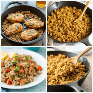 A skillet filled with colorful vegetables and ground chicken, showcasing a healthy and delicious meal.