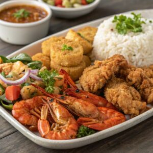 A Louisiana-style seafood boil with steaming crab legs, shrimp, corn on the cob, and potatoes, tossed in spicy Cajun butter sauce and served in a large tray.