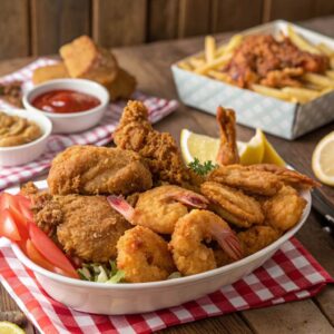 A basket of crispy, golden-fried shrimp and catfish fillets, served with hush puppies and Cajun dipping sauce on a rustic wooden table.