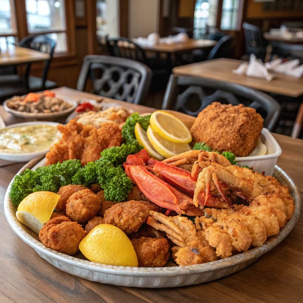 A plate of crispy Louisiana-style fried chicken with golden-brown seafood, served with Cajun fries and dipping sauces on a wooden table.