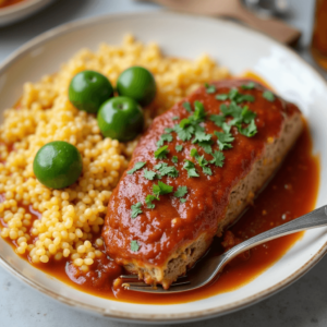 Spicy Creole meatloaf with andouille sausage, Creole seasoning, and a rich tomato glaze, served with mashed potatoes and collard greens.