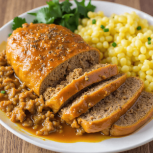 A slice of spicy Creole meatloaf topped with rich tomato gravy, served with mashed potatoes and collard greens on a rustic plate.