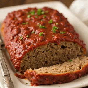 A close-up of a sliced homemade meatloaf topped with a thick, glossy ketchup glaze, showing its moist and tender texture with a golden-brown crust.

