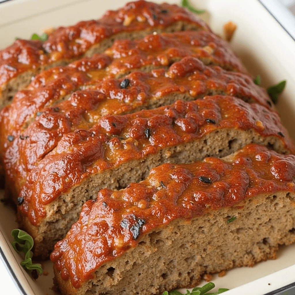 A freshly baked old-fashioned meatloaf with a caramelized ketchup glaze, sliced and served on a wooden cutting board with mashed potatoes and green beans on the side.