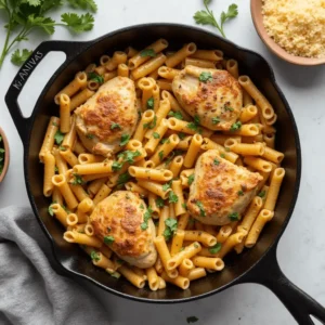 One skillet chicken pasta with creamy sauce, chicken, and vegetables in a skillet