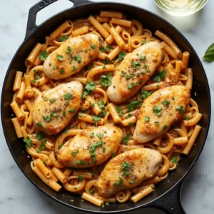 Delicious one-skillet chicken pasta with creamy sauce and vegetables.