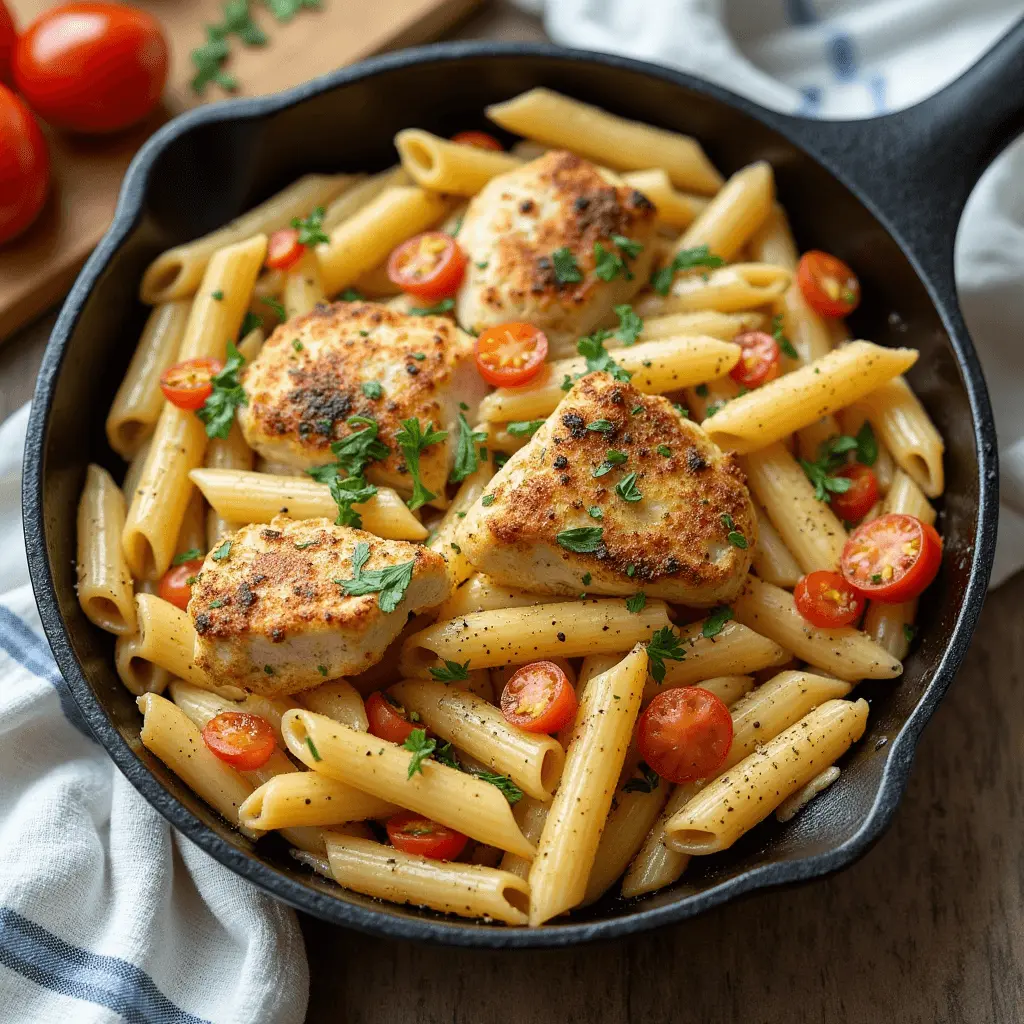 One Skillet Chicken Pasta served in a skillet with creamy sauce, chicken, and vegetables.