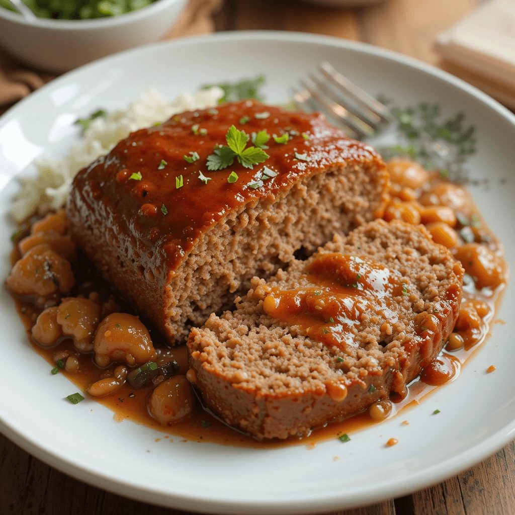 Spicy Creole meatloaf with andouille sausage, Creole seasoning, and a rich tomato glaze, served on a white plate with fresh parsley garnish.