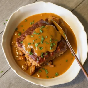 A flavorful Cajun meatloaf drizzled with rich, spicy Cajun gravy, served with mashed potatoes and garnished with fresh herbs.