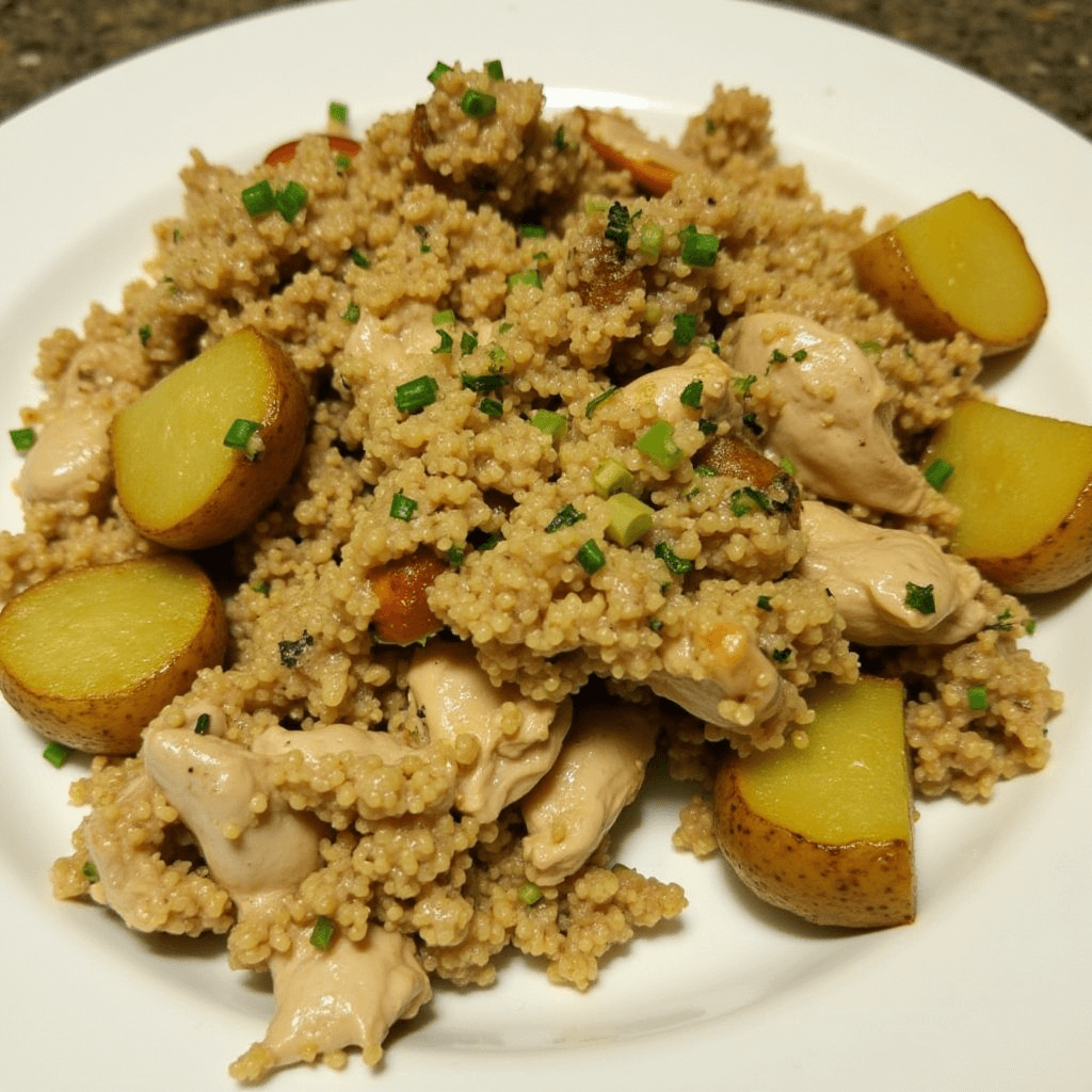 A delicious skillet dish featuring ground chicken and potatoes, seasoned with herbs and spices, served in a cast-iron pan with fresh parsley garnish.