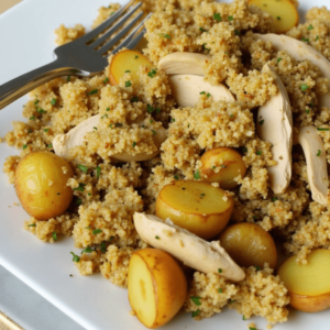 A flavorful and hearty dish of ground chicken and potatoes cooked in a skillet, garnished with fresh parsley and served with a side of steamed vegetables.