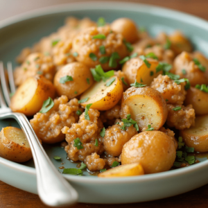 A close-up of a savory ground chicken and potato skillet dish, featuring golden-brown potatoes, tender ground chicken, and a sprinkle of fresh parsley, served in a cast-iron pan.