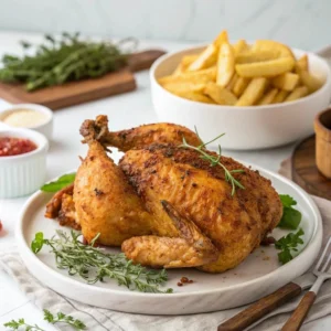 Fried chicken meal with crispy drumsticks and sides from Royal Fried Chicken, highlighting a delicious feast