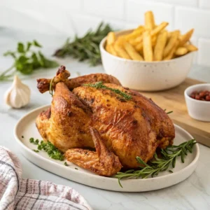 Close-up of a crispy fried chicken drumstick from Royal Fried Chicken, with a golden brown crust and tender meat.