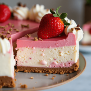 Step-by-step guide showing how to make the perfect Snickers Strawberry Cheesecake in five easy steps.