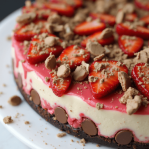 A visual guide to making the perfect Snickers Strawberry Cheesecake in five easy steps, from preparation to decoration.