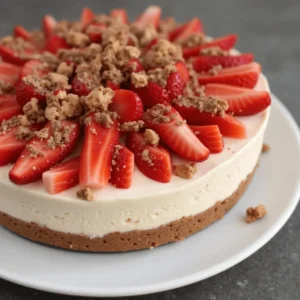 Step-by-step guide to making a Snickers Strawberry Cheesecake in 5 easy steps, showing ingredients and process.