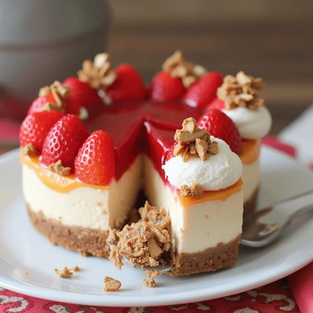 Step-by-step process of making Snickers Strawberry Cheesecake, showcasing the ingredients and preparation steps.