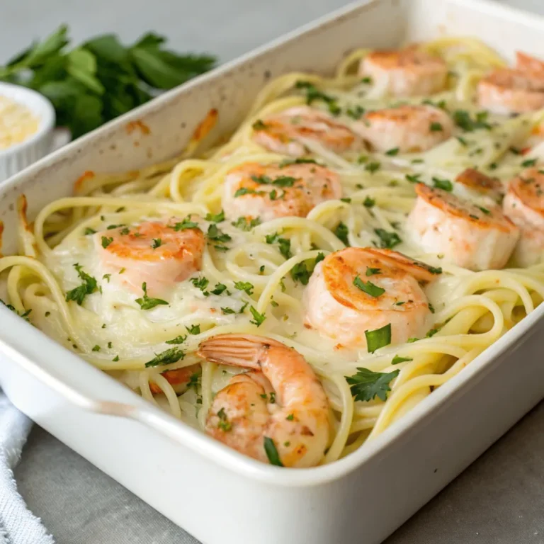 Close-up of Shrimp Scampi Pasta Bake with shrimp, pasta, and a crispy, golden breadcrumb topping.