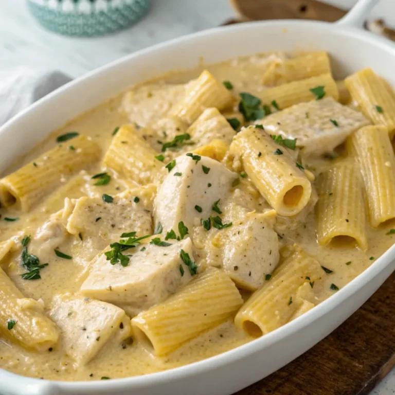 Close-up of garlic butter chicken and rigatoni pasta smothered in a creamy parmesan sauce, served in a rustic white bowl.