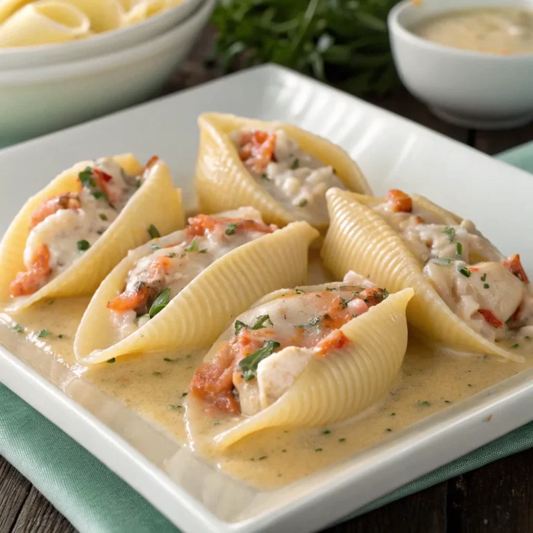 Golden-baked creamy seafood stuffed shells with a cheesy, bubbly topping and garnished with fresh parsley.