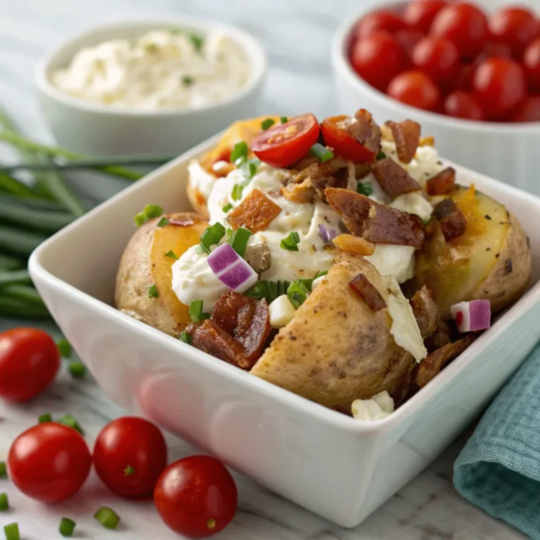 Delicious loaded baked potato salad with crispy bacon, cheese, and creamy dressing served in a bowl.