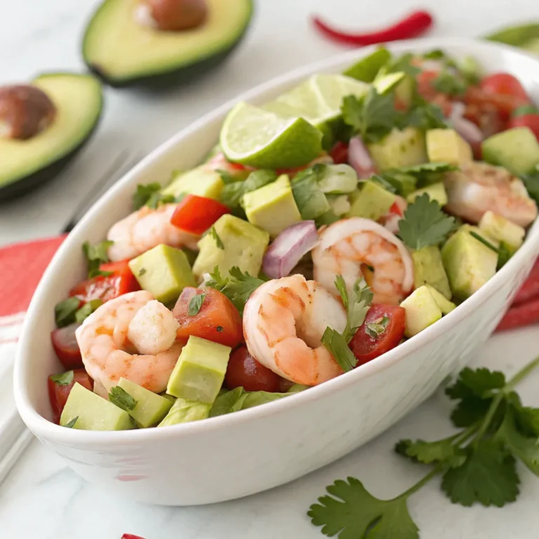 Close-up of a forkful of avocado salsa shrimp salad highlighting fresh shrimp, diced avocado, and tomato salsa.