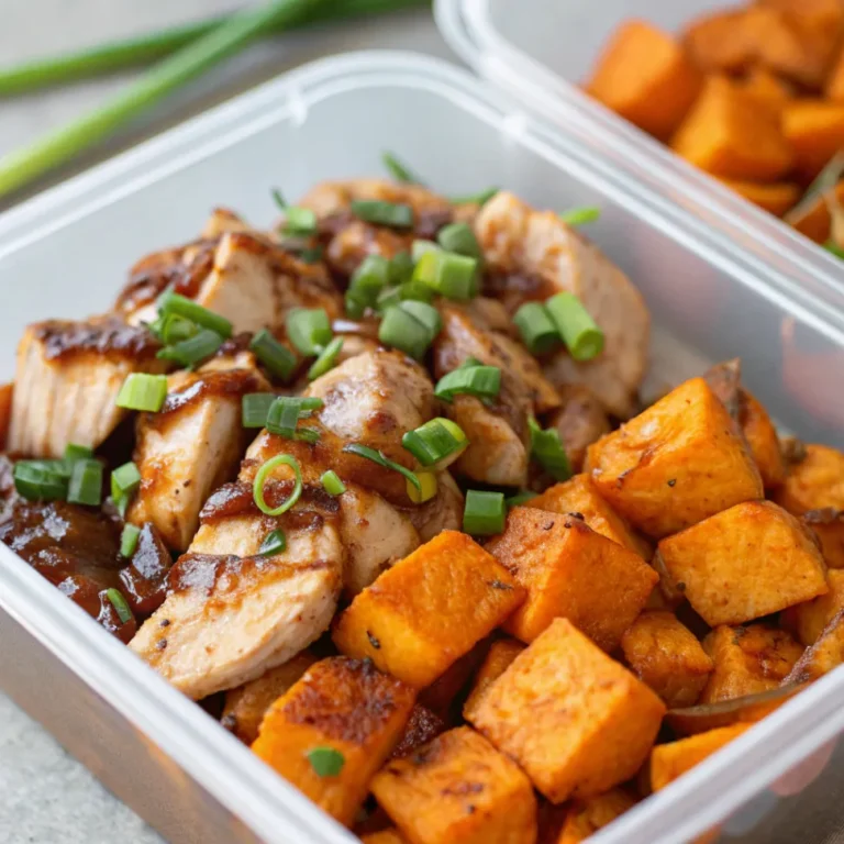 Close-up of BBQ chicken bowl with roasted sweet potatoes, spinach, avocado, and a drizzle of creamy dressing