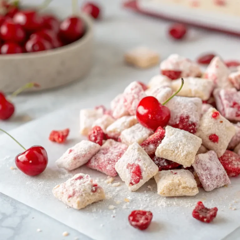 Close-up of Cherry Cheesecake Puppy Chow in festive jars, tied with ribbon, perfect for gifting.