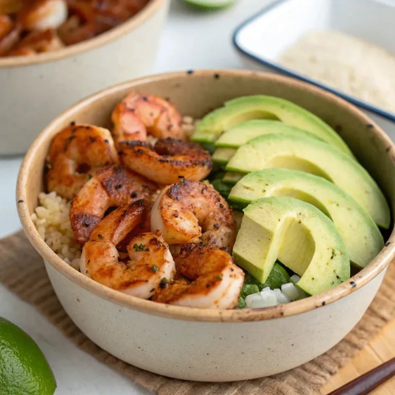 Healthy grilled shrimp bowl with avocado and a variety of vegetables