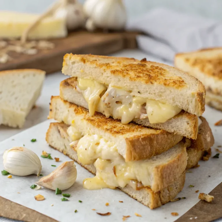 Close-up of a sliced cheesy chicken garlic bread sandwich showing gooey cheese pull and juicy grilled chicken.