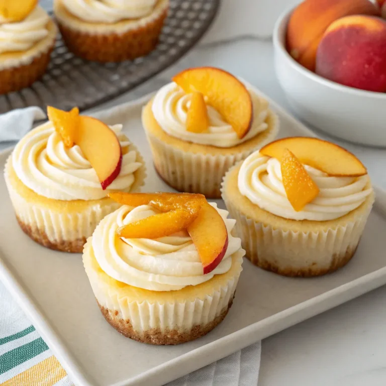 Close-up of Peach & Honey Cheesecake Cupcakes topped with fresh peach slices and honey glaze.