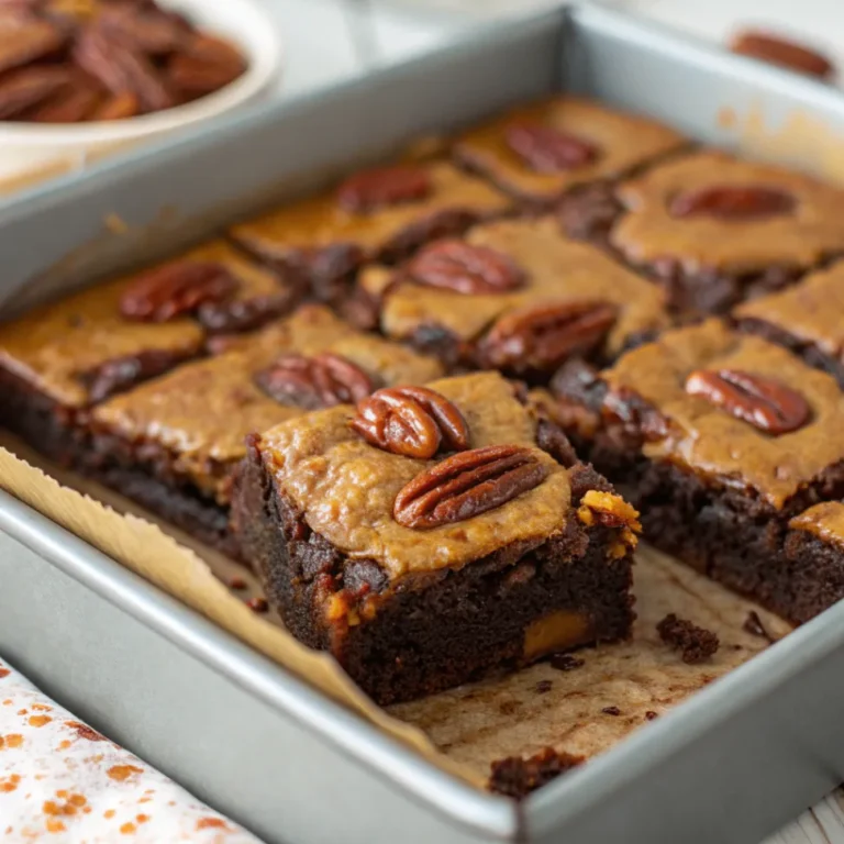 Close-up of pecan pie brownies with a glossy caramelized pecan topping and a soft, fudgy brownie base.