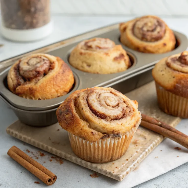 Close-up of freshly baked cinnamon roll muffins drizzled with vanilla glaze on a cooling rack.