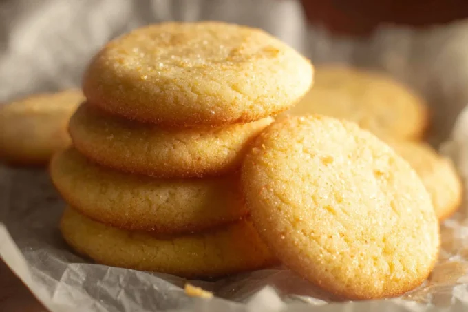 Stack of classic butter cookies with a sparkling sugar rim on parchment.