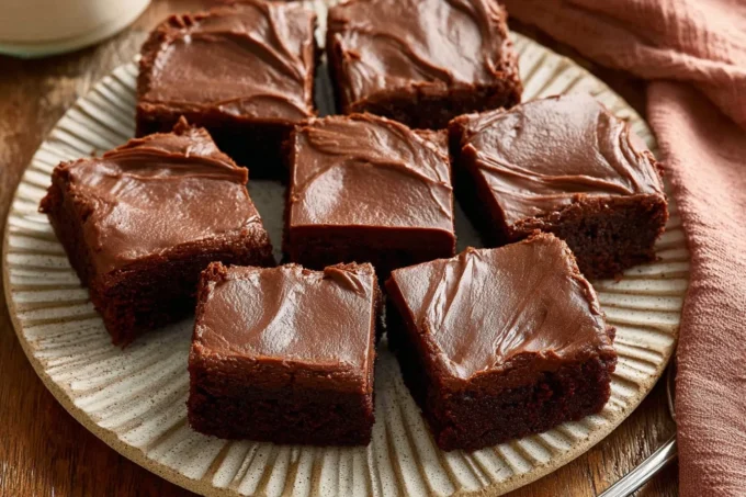 Stack of Chewy Fudgy Frosted Brownies with glossy chocolate frosting